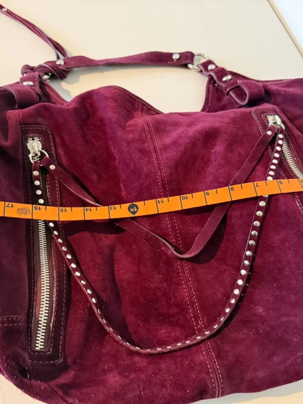 Via Repubblica Large Burgundy Suede Hobo Bag Studded Zip Pocket Shoulder Purse
